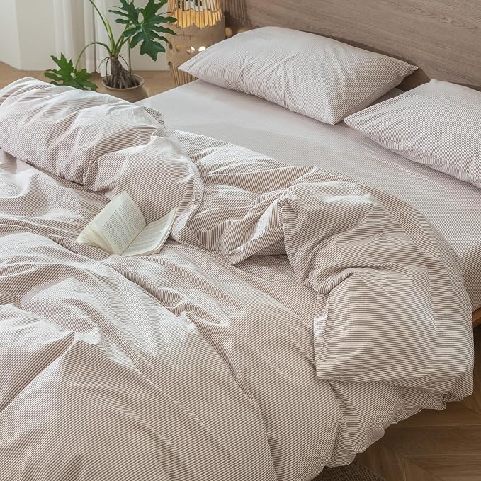 MooMee Striped Duvet Cover Set 100% Washed Cotton Linen Like Textured - Image 9