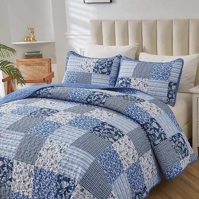 Mybedsoul Blue Boho Quilt Set King Size, 3 Pieces Plaid Floral Bedspread - Image 2
