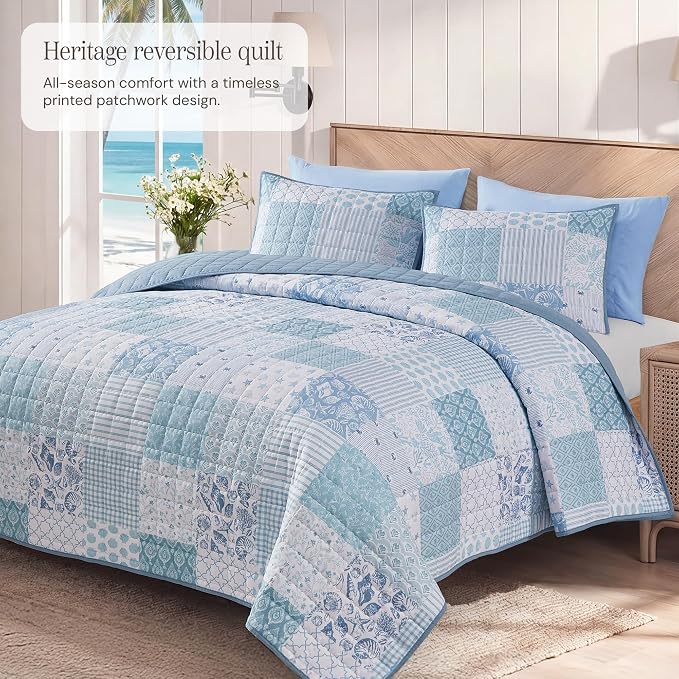 BLOOMHAVEN Quilt Set Queen Size, Patchwork Sea Blue Floral Quilt Sets, - Image 2
