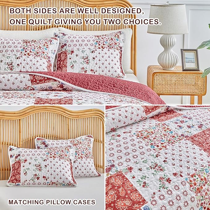 Joyreap 3 Pieces Floral Patchwork Quilt Set Twin, Burgundy Red n White Flowers - Image 5