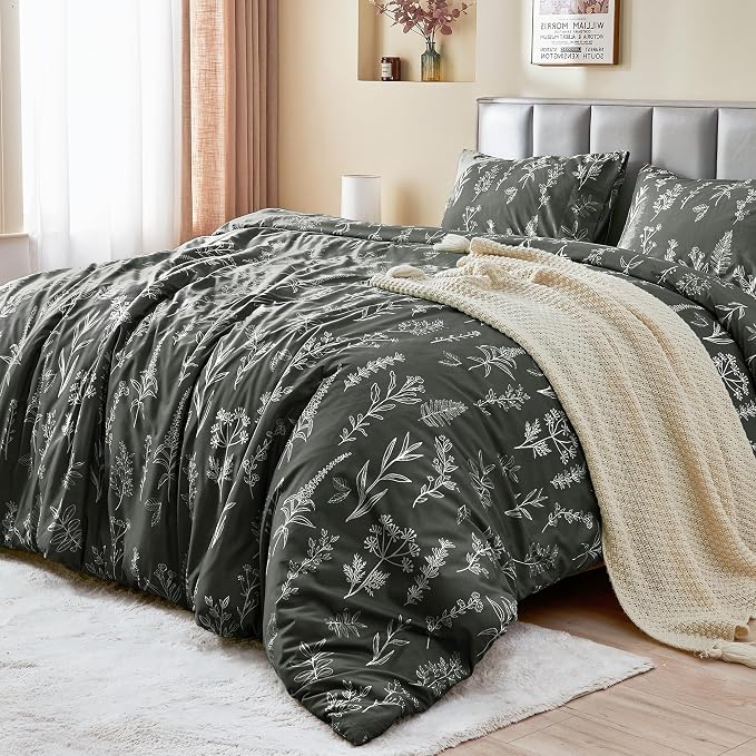 MUXHOMO Duvet Cover Queen Size, Reversible Floral Dark Grey Duvet Cover Set - Image 2