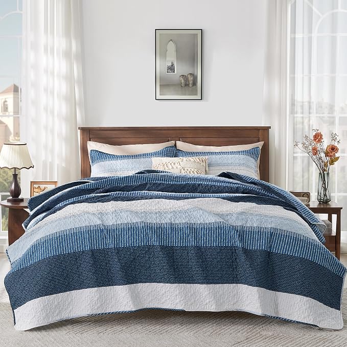 Andency Navy Blue Striped Quilt King, 3 Pieces Patchwork Bedspread Coverlet Set - Image 5