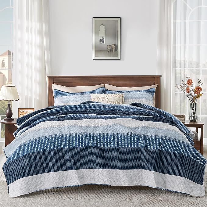 Andency Navy Blue Striped Quilt Queen, 3 Pieces Patchwork Bedspread Coverlet Set - Image 5