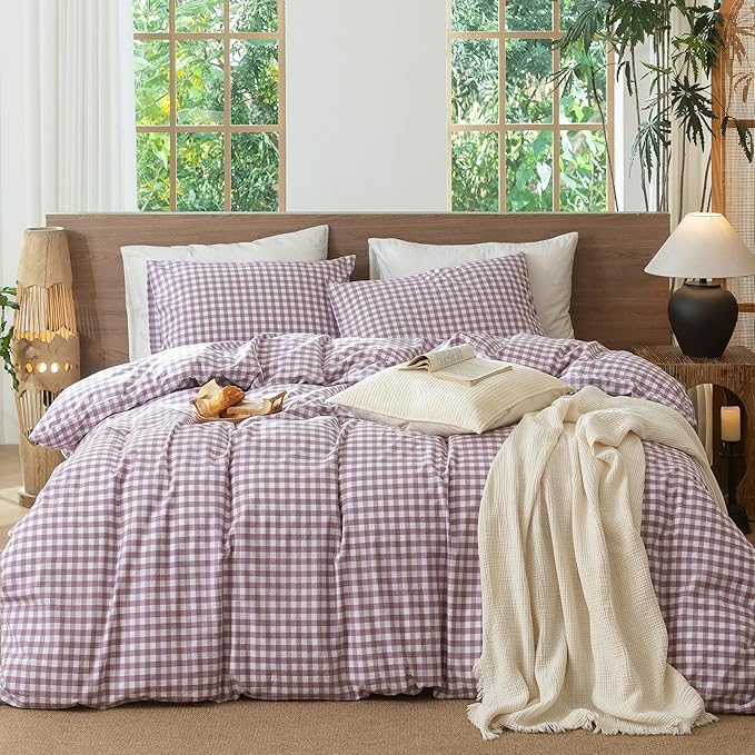 MooMee Gingham Duvet Cover Set 100% Washed Cotton Linen Like Textured by MOOMEE