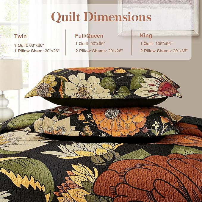 Tyrot 2 Piece Black Boho Floral Twin Size Quilt Sets Farmhouse Botanical - Image 6