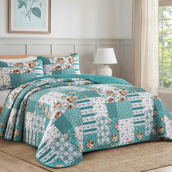 Anibedding Teal Quilt Set King Size Patchwork Floral Bedspread Coverlet - Image 2