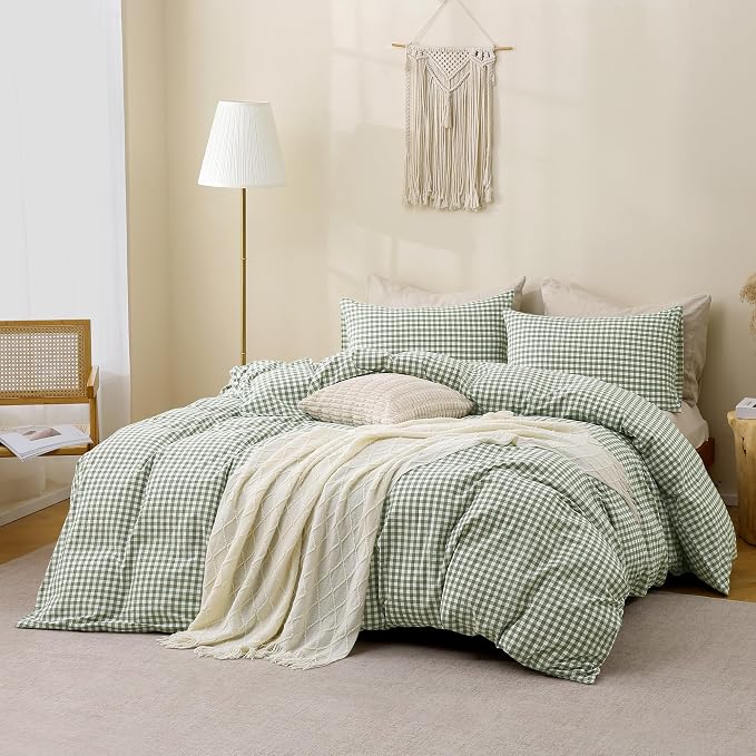 TOCOMOA Green Gingham Duvet Cover Bedding Set 100% Washed Cotton Like Linen - Image 2