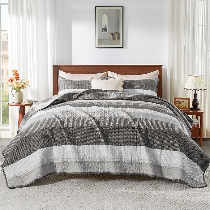 Andency Queen Quilt Bedding Set Dark Grey, 3 Pieces Patchwork Summer Striped - Image 9