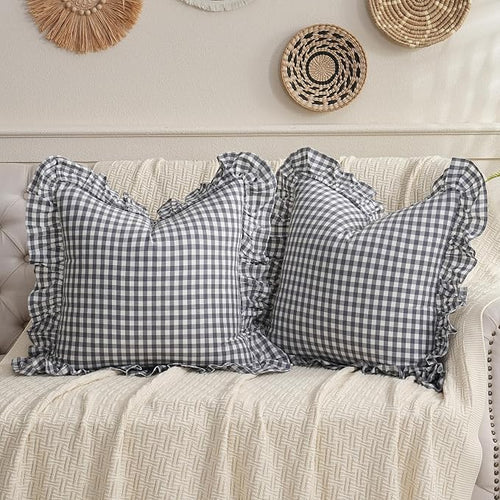 2 Pack Grey/White Plaid Ruffled Throw Pillow Sham 20 x20 inches, Washed Cotton by Qilunn