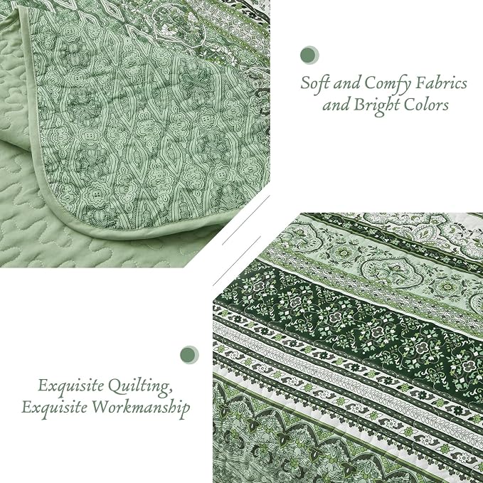 WONGS BEDDING Boho King Quilt Set, Light Green Bohemian Quilt Bedding Set - Image 5