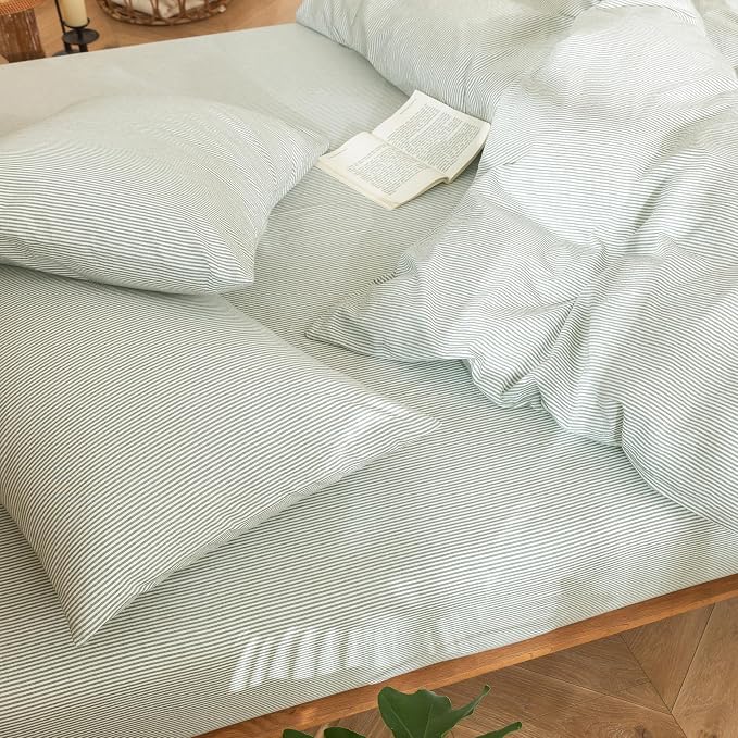 MooMee Striped Duvet Cover Set 100% Washed Cotton Linen Like Textured - Image 5