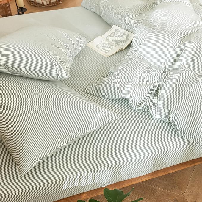 MooMee Striped Duvet Cover Set 100% Washed Cotton Linen Like Textured - Image 5