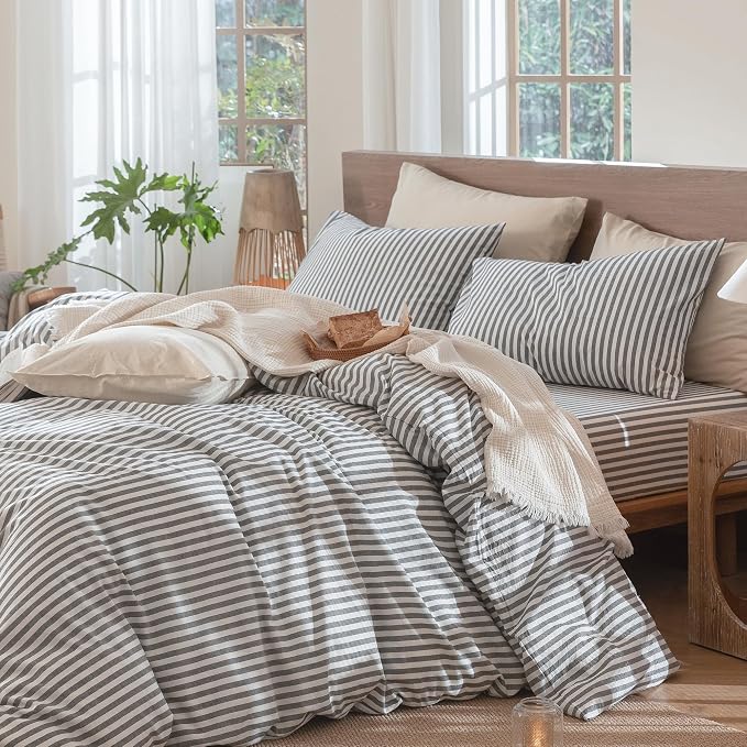 MooMee Striped Duvet Cover Set 100% Washed Cotton Linen Like Textured - Image 3