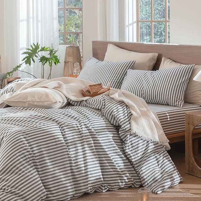 MooMee Striped Duvet Cover Set 100% Washed Cotton Linen Like Textured - Image 3