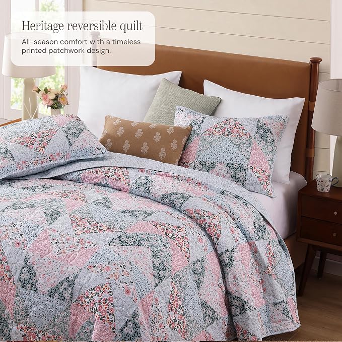 BLOOMHAVEN Quilt Set Queen Size, Patchwork Pink Floral Quilt Sets, Reversible - Image 2