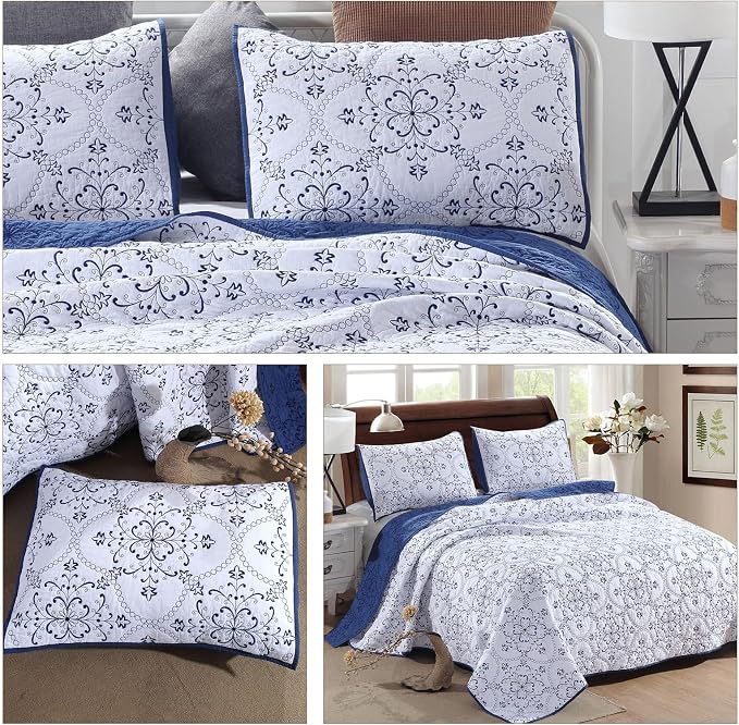 ROOMLIFE Quilt Set Full Size 3D Floral Embroidery Pattern 3-Piece Cotton - Image 6