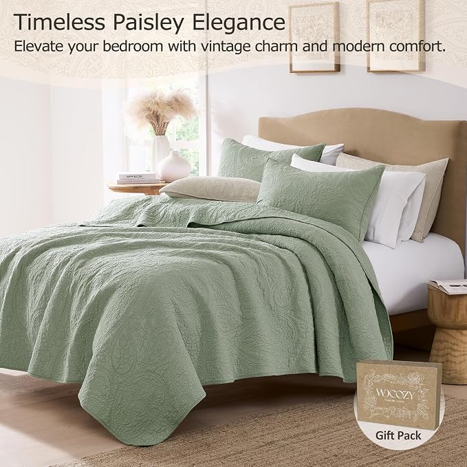 palassio Sage Green Paisley 100% Cotton Quilt California Cal King Size Bedding - Image 2