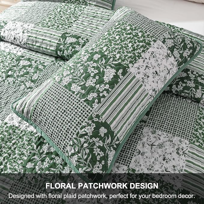 Mybedsoul Green Quilt Set Full Size, 3 Pieces Plaid Floral Bedspread Set - Image 6