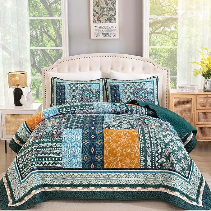 WONGS BEDDING Green Quilt Set King Size, 3 Pieces Boho Quilt Patchwork Quilt by WONGSBEDDING