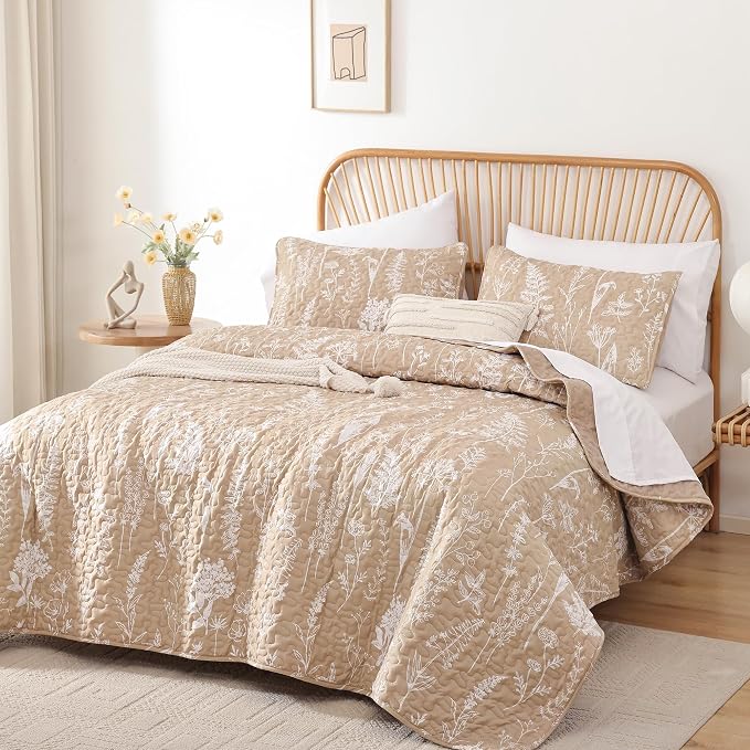 JANZAA Quilts Queen Size Taupe Quilt Botanical by JANZAA