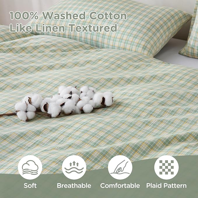 TOCOMOA Plaid Duvet Cover Set 100% Washed Cotton Like Linen Feel Super Soft - Image 5