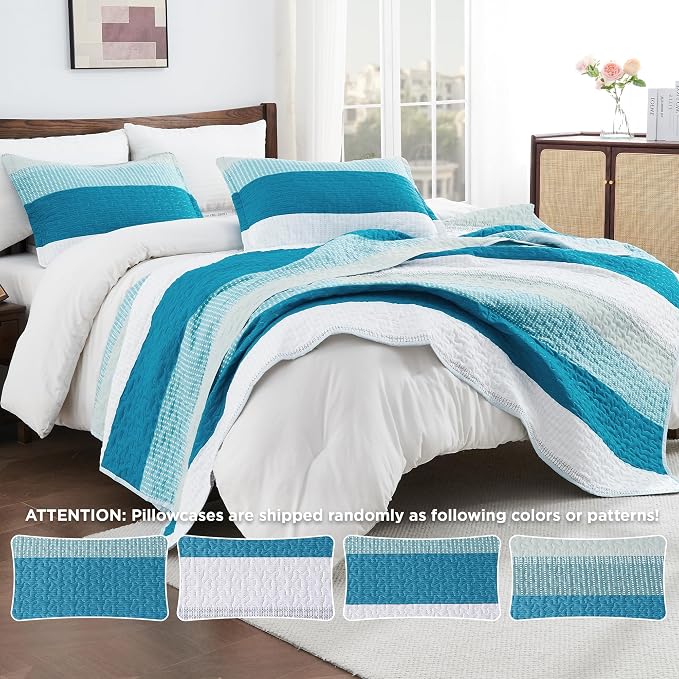 Andency Teal and White Striped Quilt Set Cal King, 3 Pieces Patchwork Bedspread - Image 4