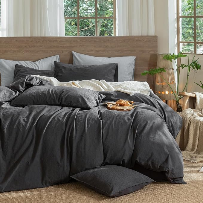 MooMee Wavy Striped Duvet Cover Set 100% Washed Cotton Linen Like Textured - Image 6
