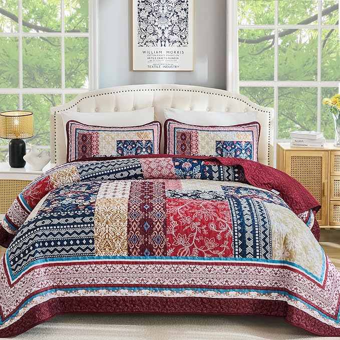 WONGS BEDDING Quilt Set King Size, Reversible Farmhouse Floral Pattern by WONGSBEDDING