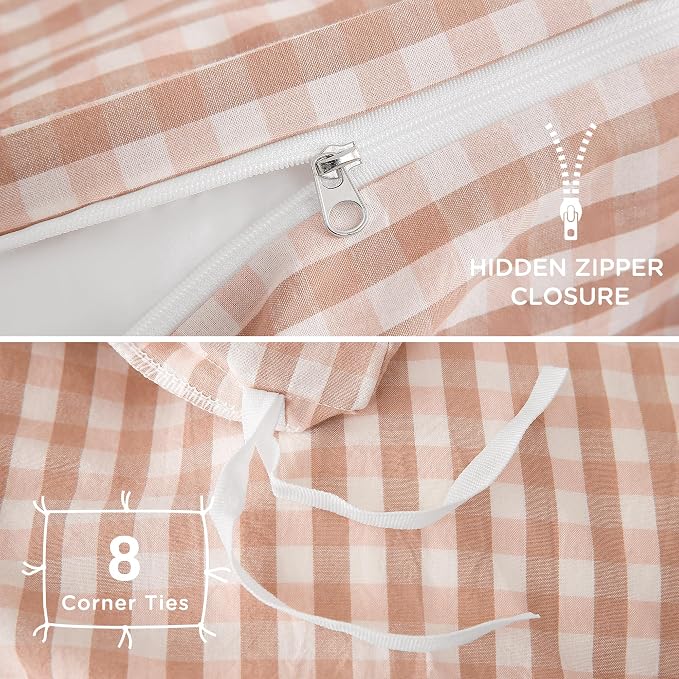 TOCOMOA Pink Tan Gingham Duvet Cover Bedding Set 100% Washed Cotton Like Linen - Image 6
