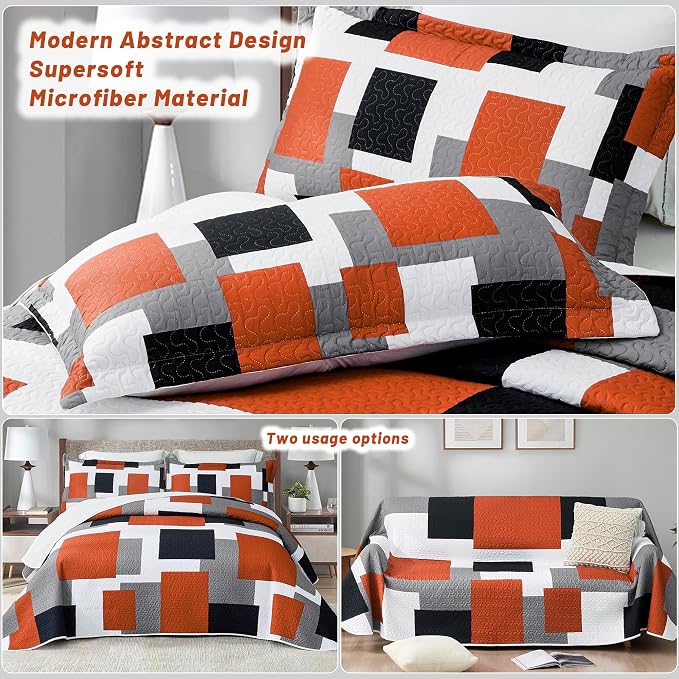 Tyrot 3 Piece Orange Grey Quilt Set King Size Black White Gray Geometric - Image 3