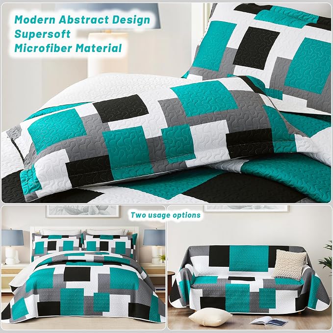 Tyrot 3 Piece Teal/Turquoise Quilt Set California King Size Black Grey - Image 3