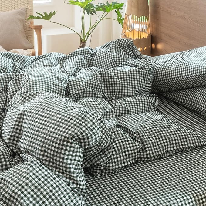 MooMee Gingham Duvet Cover Set 100% Washed Cotton Linen Like Textured - Image 9