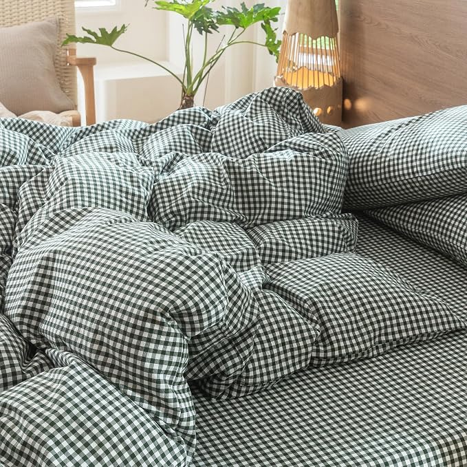 MooMee Gingham Duvet Cover Set 100% Washed Cotton Linen Like Textured - Image 9