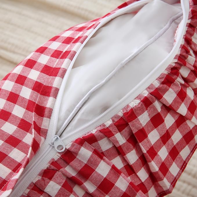 2 Pack Red/White Plaid Ruffled Throw Pillow Sham 20 x20 inches, Washed Cotton - Image 4