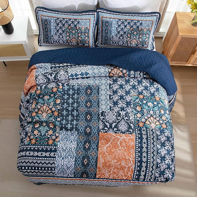 WONGS BEDDING Navy Blue Quilt Set Queen Size, Bohemian Patchwork Bedspread - Image 4
