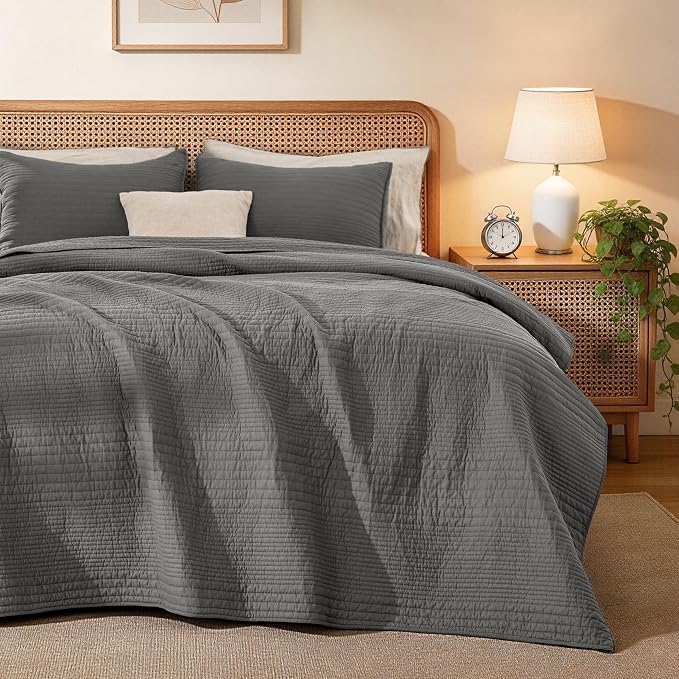 Love's cabin King Size Cotton Quilt Set, 100% Cotton Fabric Striped Textured by Lovescabin
