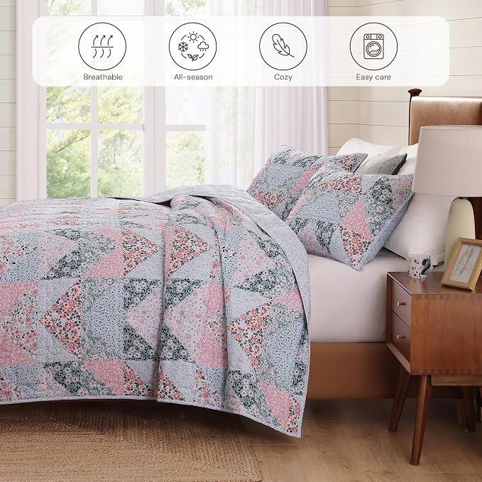 BLOOMHAVEN Quilt Set Twin Size, Patchwork Pink Floral Quilt Sets, Reversible - Image 4