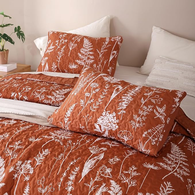JANZAA Quilts Queen Size Floral Bed Spread Terracotta Quilts Queen Size - Image 3