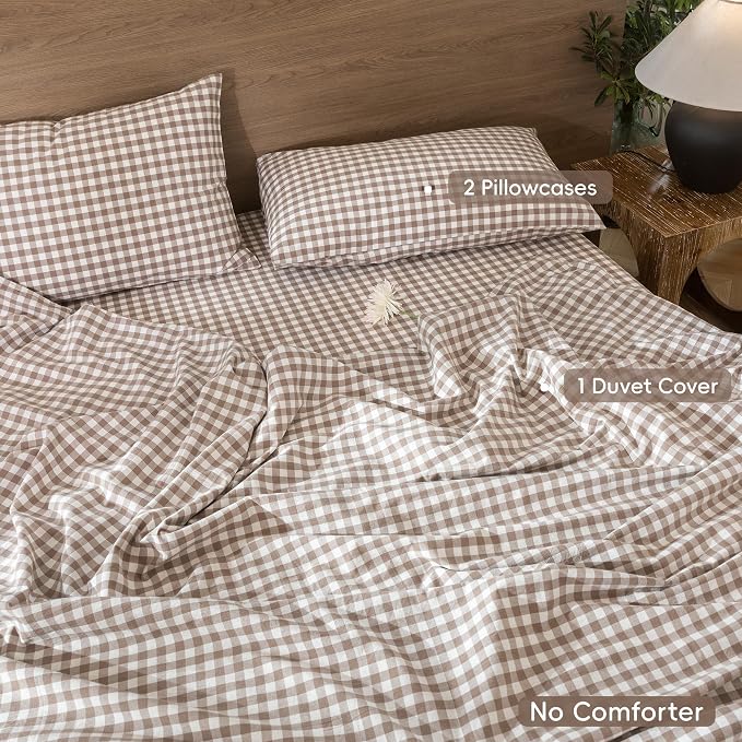 MooMee Gingham Duvet Cover Set 100% Washed Cotton Linen Like Textured - Image 2