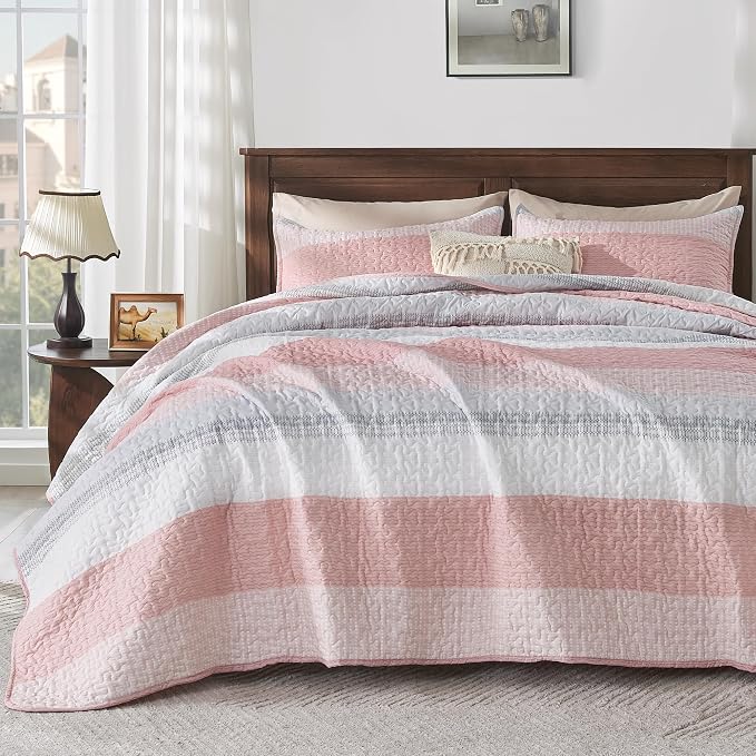 Andency Pink Quilt Queen, 3 Pieces Patchwork Striped Bedspread Coverlet Set by Andency