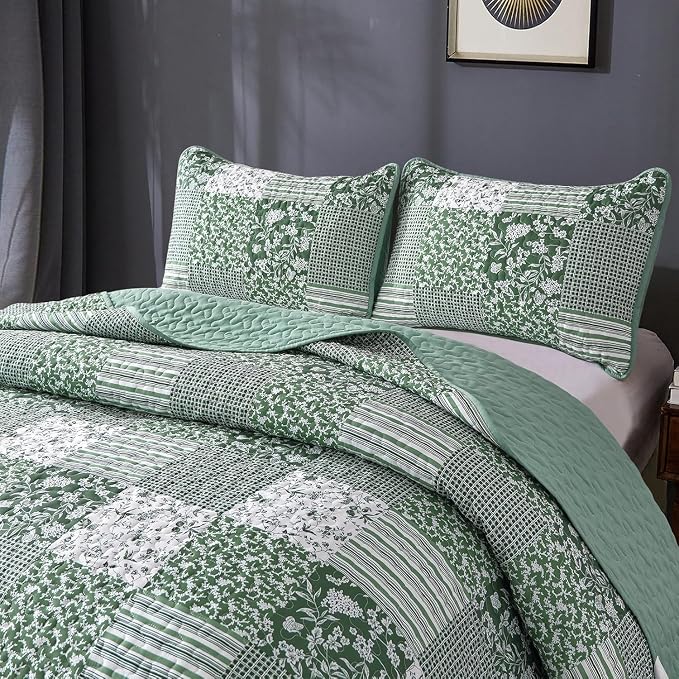 Mybedsoul Green Quilt Set Full Size, 3 Pieces Plaid Floral Bedspread Set - Image 8