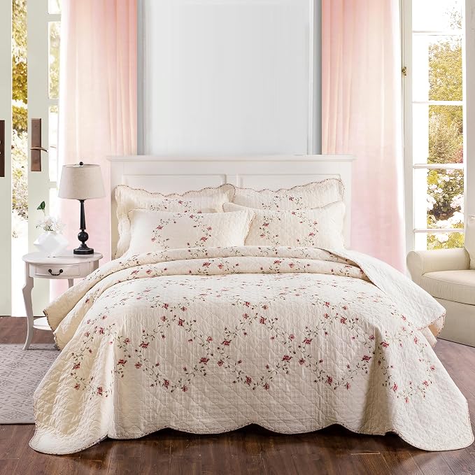 Quilt Set Floral Leaves 3D Embroidery Pattern 3 PCS Cotton Reversible Quilted - Image 7