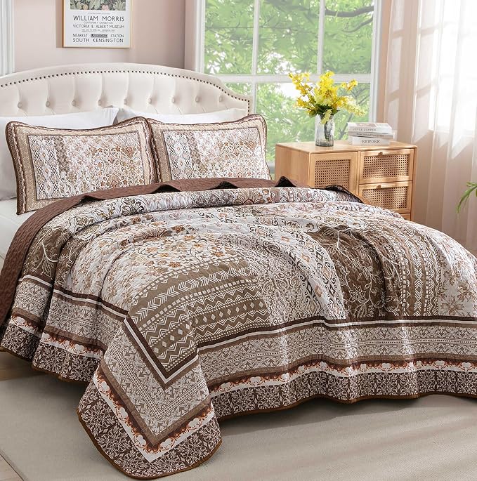 WONGS BEDDING Brown Quilt Set King Size, Boho Floral Pattern Bedspread Coverlet - Image 2