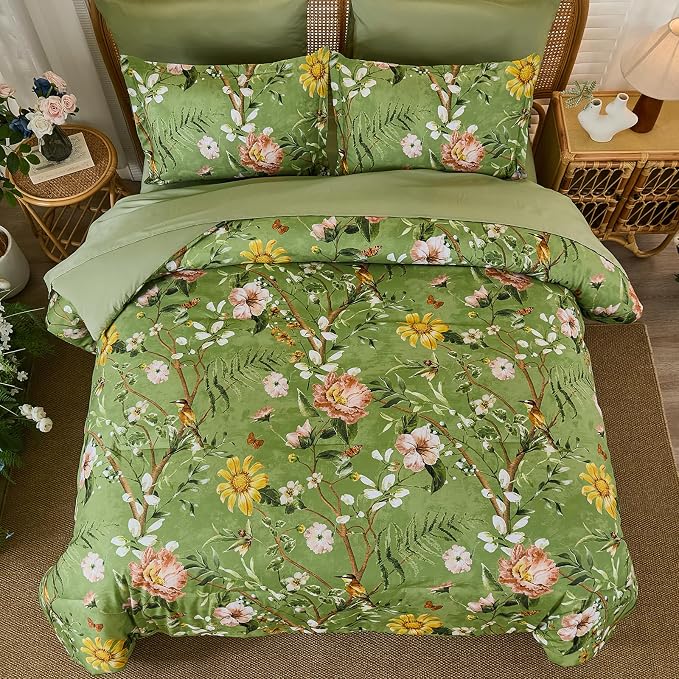 Yiran Sage Green Hibiscus Floral Comforter Set Queen Size, 7 Piece Bird Flowers - Image 3