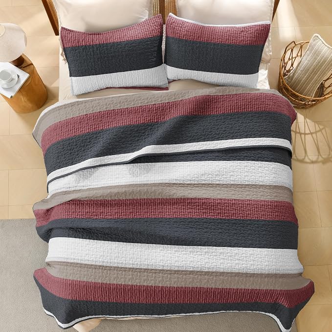 Litanika Quilt King Size Black and Red, Stripe Patchwork Summer Bedspread - Image 3