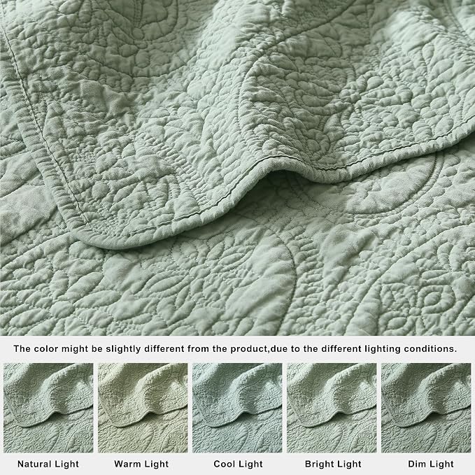 PALASSIO Sage Green Paisley 100% Cotton Quilt Queen Size Bedding Set - Image 6