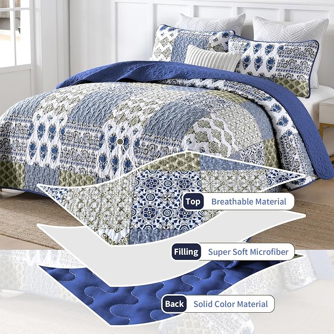 Mybedsoul Blue Quilt Set Queen Size 3 Pieces Boho Plaid Aqua Blue Floral - Image 6