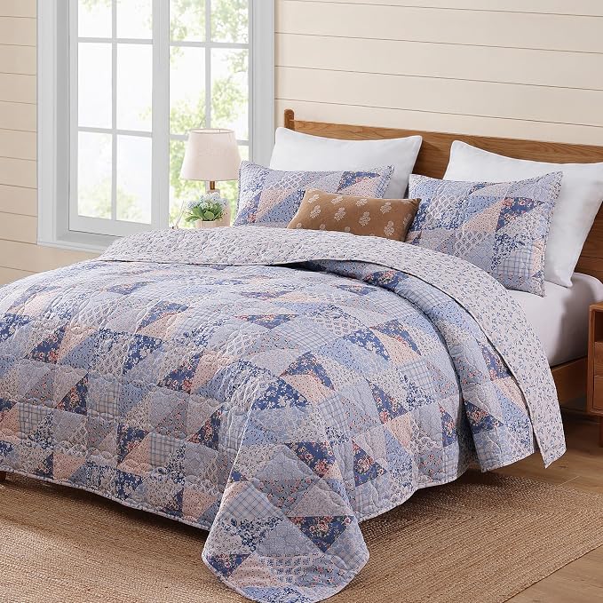 BLOOMHAVEN Quilt Set Twin Size, Patchwork Blue Pink Marigold Floral Quilt Sets - Image 7