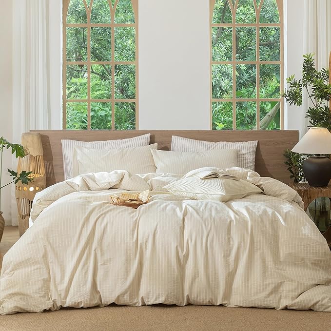 MooMee Striped Duvet Cover Set 100% Washed Cotton Linen Like Textured by MOOMEE