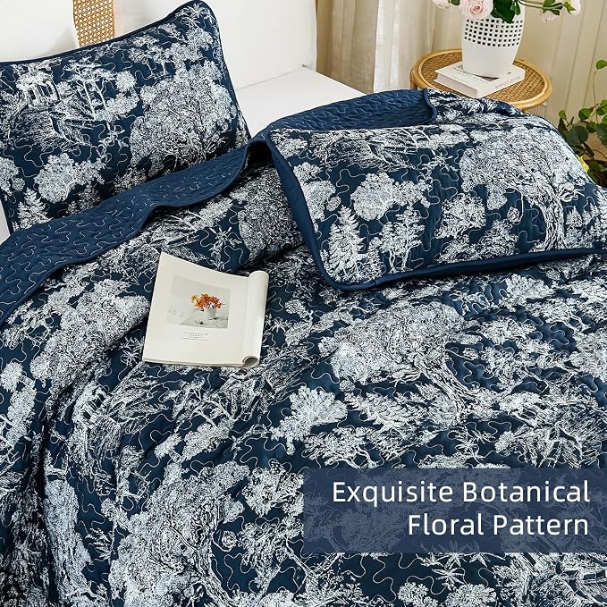 WONGS BEDDING Quilt Set Queen Size, 3 Pieces Navy Blue Floral Plants Printed - Image 3